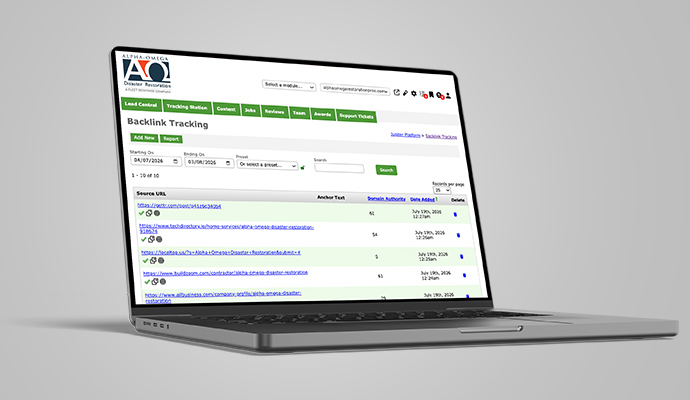 Alpha Omega Disaster Restoration backlink tracking dashboard mockup