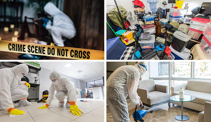 Collage of different specialized restoration services and a hoarded room