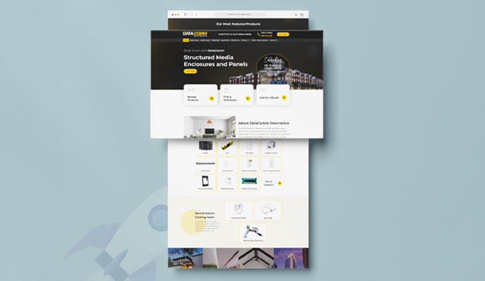 DataComm Electronics website interface showcasing structured media enclosures panels and product catalog design