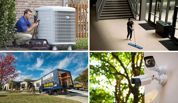 Collage showing HVAC service, commercial floor cleaning property restoration and building maintenance support services